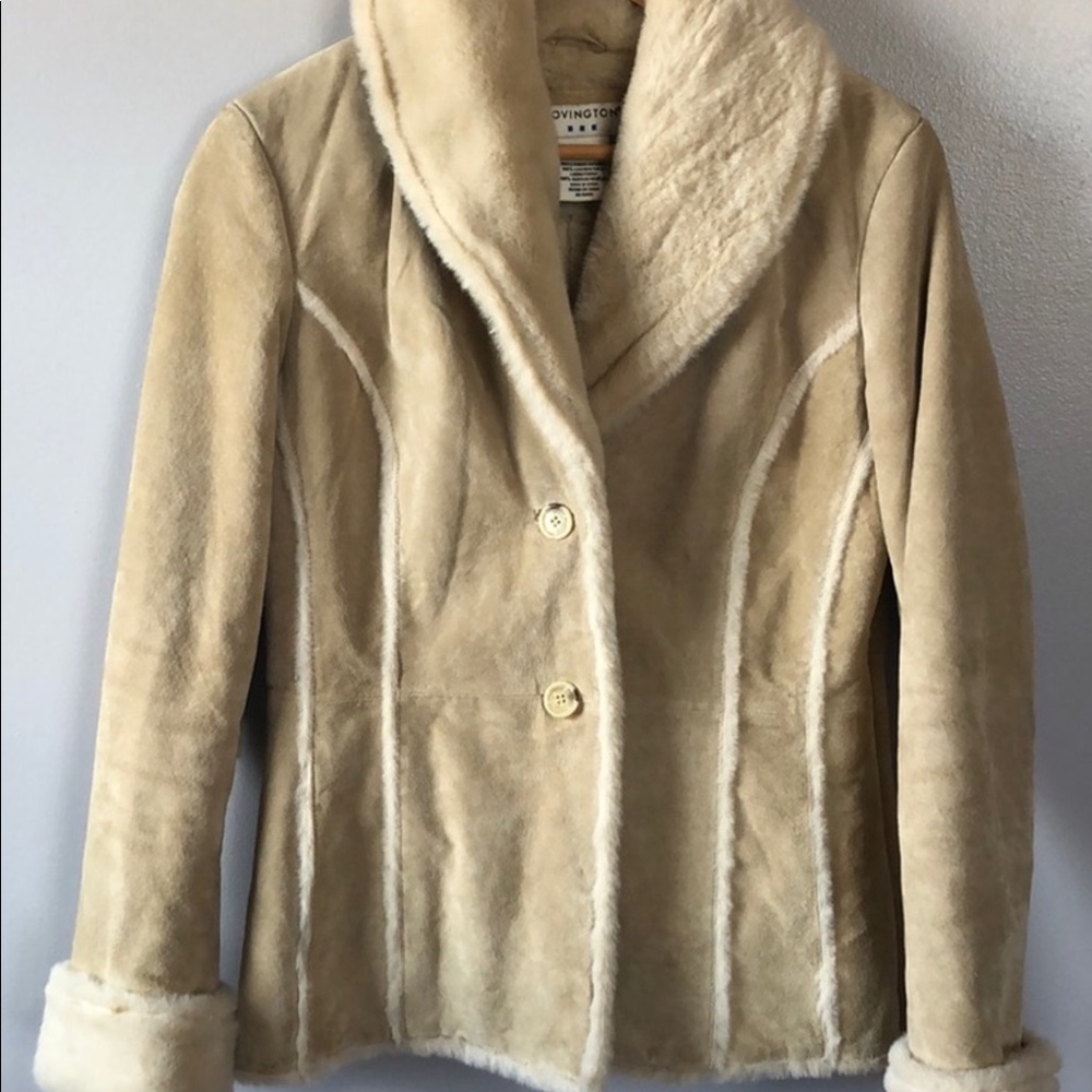 Covington Suede Leather Tan Cream Coat Size S 6-8 - Picture 1 of 4